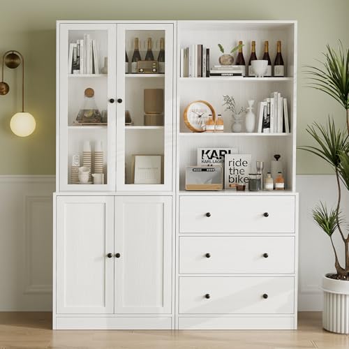 VOWNER 5-stöckiges Bücherregal mit Glastüren, 180 cm Vitrinenschrank, Küchenschränke, Küchenschrank Hochschrank, Buffetschrank für Küche, Wohnzimmer, Esszimmer, 2PCS (Weiß)