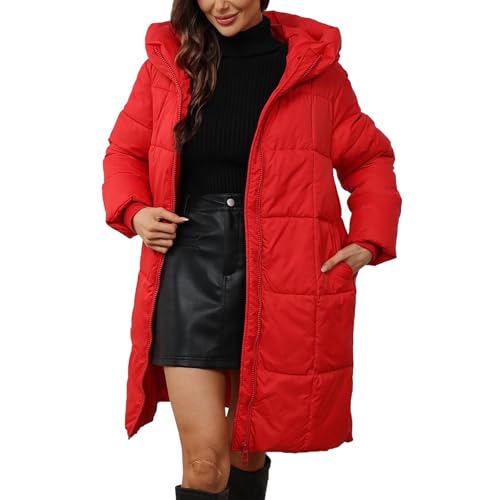 biJerou Daunenjacke Damen Warm Winter Plus Size Fashionable Casual Hooded Solid Color Cotton Jacket for Women (Red, S)