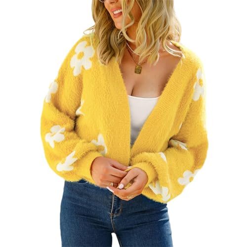 HEYPORK Damen Herbst Winter Warm Bequem Pullover Casual Mode Strickjacke Strickpullover Frauen Herbst Strickjacke StraßE Hipster Kurz Gestrickt Pullover Blumen Pullover(A Gelb, S)