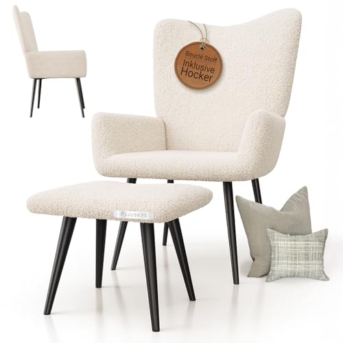Juskys Ohrensessel Odense mit Hocker, Relaxsessel mit Bouclé-Stoff, skandinavischer Stil, hoher Rücken & gepolstert, Stahlgestell – Beige