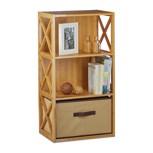 Relaxdays Regal Bambus mit Korb, 3 Ablagen, Holz Standregal, Badregal, Faltbox, HxBxT: 80 x 42 x 29 cm, natur braun