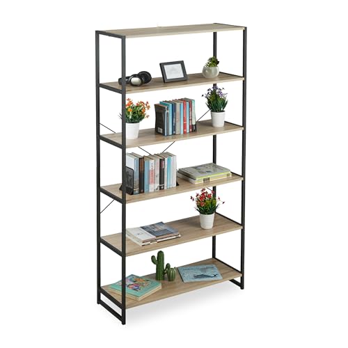 Relaxdays Standregal Industrial, hohes Bücherregal, offenes Design mit 6 Fächern, HBT 180x95x35 cm, aus PB/Metall, braun