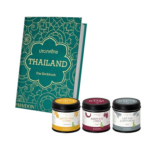 Rimoco Gewürze Geschenkset aus Gewürzen + Das Kochbuch 'Thailand' - bestehend aus Birds Eye Chili N°051, Bio Rotes Thai Curry N°304 und Bio grüne Kardamomkapseln N°902