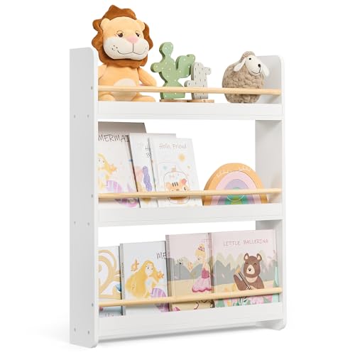 SONGMICS Bücherregal Kinder, Kinderregal mit 3 Ebenen, Spielzeugregal, Wandregal, für Kinderzimmer, Spielzimmer, weiß-naturfarben GKR013W02