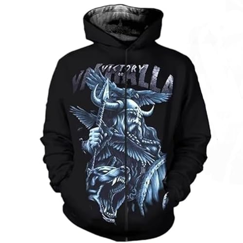 yayoitimes Nordische Mythologie Odin Wolf Kordelzug Hoodie, Novel Punk 3D-Druck Mittelalterlicher Wikinger Krieger Krähe Reißverschluss Jacke, Outdoor Fitness Polyester Top(Zip jacket,3XL)