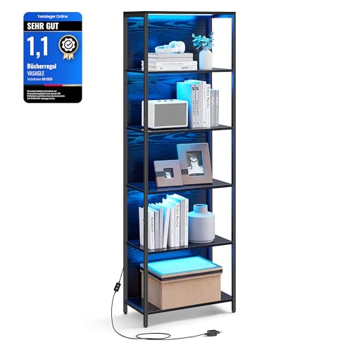 VASAGLE Bücherregal mit 6 Ebenen, Standregal mit Einstellbarer LED-Beleuchtung, Regal mit Stahlrahmen, 30,3 x 60 x 178,6 cm, für Wohnzimmer, Schlafzimmer, Arbeitszimmer, ebenholzschwarz LLS120B57
