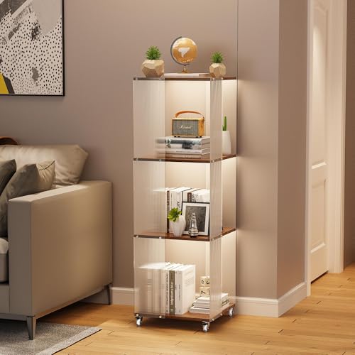 unho Drehbares Bücherregal mit Acryl: 4 Ebenen offenes Bücherregal 360 Grad, Standregal Lagerregal für Kinder und Erwachsene, für Wohnzimmer, Arbeitszimmer, Büro