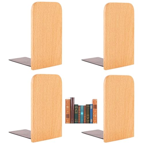 4er-Pack Buchenholz Buchstützen, 2 Paar Buchhalter 13x8x10.5cm Bücherregal aus Holz Leseständer für Schwere Bücher, CDs, Schallplatten Stabile Buchstütze Holz Buchständer für Büro Bücherei (4F)