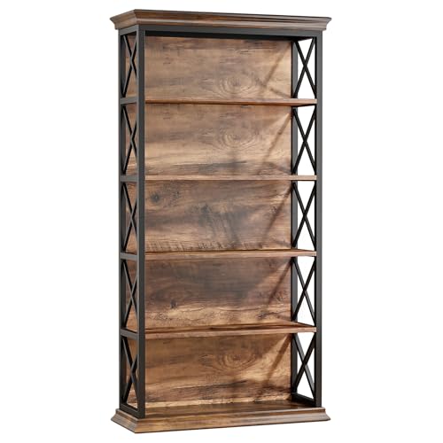 Tribesigns Bücherregal, 180cm hohes Standregal, 6-stöckiges Bücherregal Holz, offenes Ausstellungsregal mit Metallrahmen für Wohnzimmer, Heimbüro, Industrie-Design, vintagebraun
