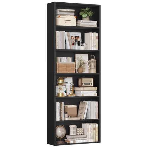FirFurd Bücherregal, Holzregal mit 6 Fächern, Regale, Bücherschrank, Aufbewahrungsregal für Wohnzimmer, Arbeitszimmer, aus Holz, 180 x 60 x 23,5 cm, Schwarz