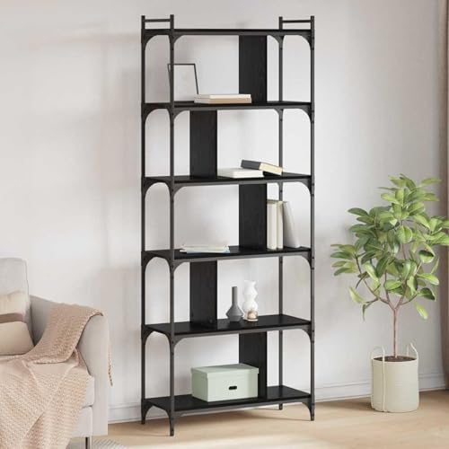 Gecheer Bücherregal Schwarz Eichen-Optik 76 x 32 x 192 cm Holzwerkstoff, Offenes Standregal Bücherschrank Vitrinenschrank für Bücher Deko Ordner Wohnzimmer Homeoffice882171