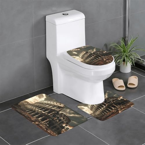 WHJSSF Reste des römischen Kolosseums Bild 3-teiliges Badezimmerteppich-Set - Anti-Rutsch-Fußmatten für WC, Waschtisch & Deckelbezug, leicht zu reinigen