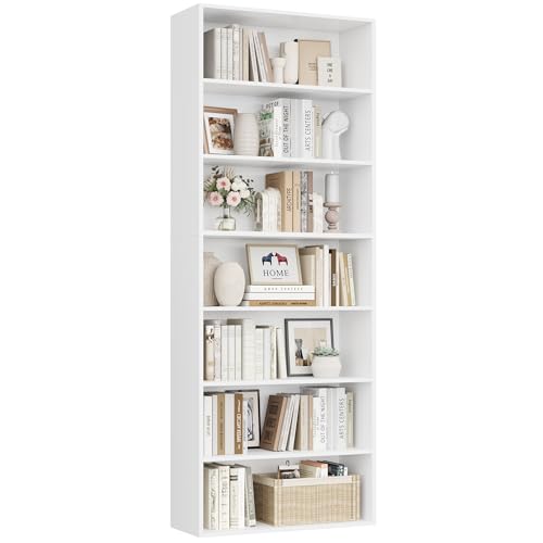 FirFurd Bücherregal, Regal mit 7 Fächern, Bücherschrank, Standregal, Aufbewahrungsregal, für Wohnzimmer Büro Schlafzimmer, 209,5 x 60 x 23,5 cm, weiß