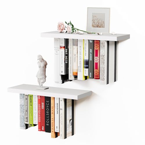 Butunita Schwebende Bücherregale für die Wand, rustikales Holz-Regal, kopfüber Bücher, Heimdekoration im Schlafzimmer und Wohnzimmer, Weiß, 2 Stück