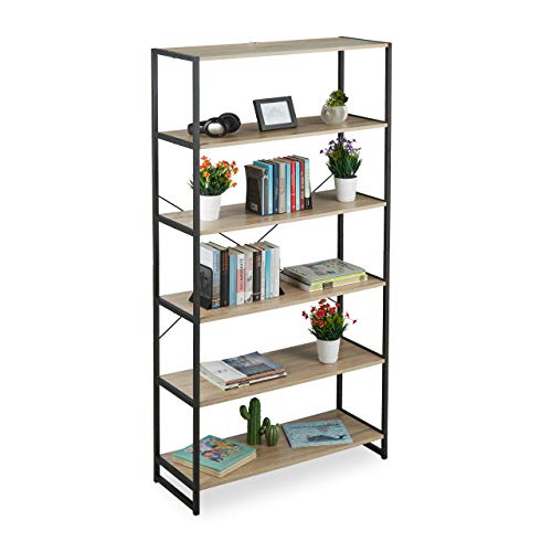 Relaxdays Standregal Industrial, hohes Bücherregal, offenes Design mit 6 Fächern, HBT 180x95x35 cm, aus PB/Metall, braun