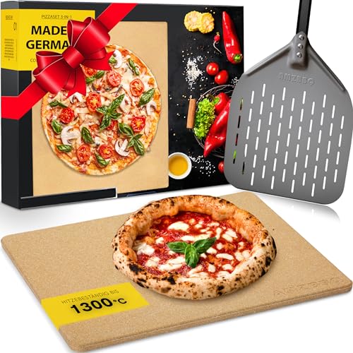 AMZBBQ® Premium Pizzastein - 100% Made in Germany - für Backofen & Gasgrill bis 1300°C - 3er Set mit perforiertem Pizzaschieber aus Harteloxal