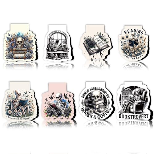 Magnetische Lesezeichen im Gothic-Totenkopf: 8 Stück dunkle Skelett-Magnet-Lesezeichen, Horror-Halloween-Seitenmarkierer-Clips mit Zitaten, gruseliges Lesegeschenke für Mystery-Liebhaber, Roman-Fans