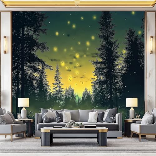 Fototapete Grüner Wald Vliestapete Bäume Glühwürmchen – 3D Luxuriöse Moderne Wandtapete für Wohnzimmer Schlafzimmer Büro Tapezier-Ratgeber 400 x 280 cm (W x H)