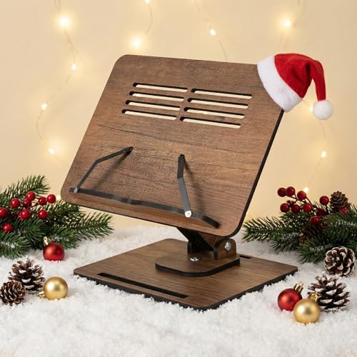 Vigo Wood Buchständer zum Lesen 360° verstellbar, Hölzerner Laptop-Ständer, Kochbuchhalter, Notenständer, mit mehreren Höhenwinkeln und faltbarem Design inklusive Seitenklemmen