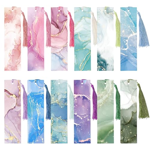 24 Stück Lesezeichen Papier, Bookmark in Marmorierung Muster mit Bunten Quasten Book Marks zum Beschriften Selbst Gestalten Basteln Kleine Geschenke für Freunde Schüler Lehrer Buchliebhaber