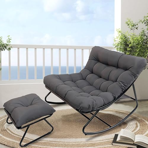 AlpineAura Schaukelstuhl mit Hocker Outdoor Lesesessel Schaukelsessel Wohnzimmer Relaxstuhl mit Gepolsterter, Outdoor Patio Schaukelstühle aus Metall, für Garten, Hof, Terrasse (grau)