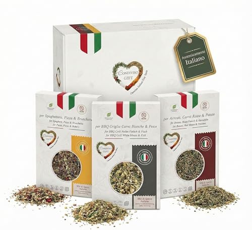 Condiviso GIFT Italienische Gewürze Geschenkset - 3 Gewürzmischungen aus Italien für Pizza und Pasta - Geschenke für Männer und Frauen mit Grillgewürzen, 150g