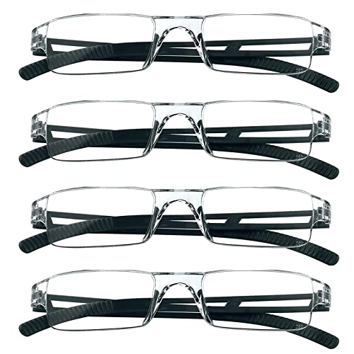 MMOWW 4er Pack randlose Lesebrille für Damen und Herren mit klarer rechteckigem Blaulicht-Blockierbrille (4 Schwarz, 2,5)