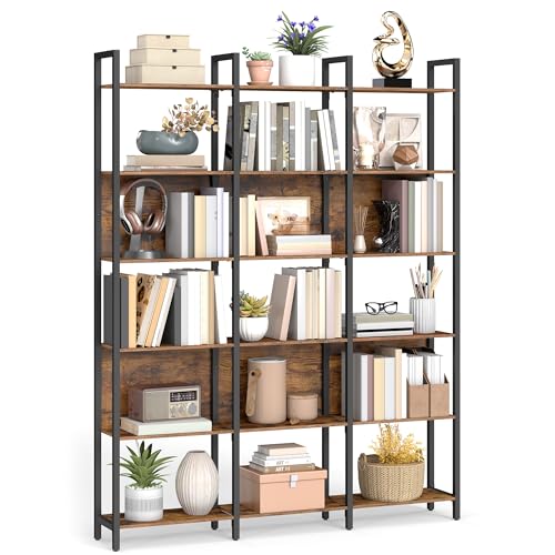 VASAGLE Bücherregal, Küchenregal, Standregal mit 6 offenen Regalebenen, Flur, Küche, Büro, stabiles Stahlgestell, Industrie-Design, 24 x 128 x 187,1 cm, vintagebraun-tintenschwarz LLS151K01