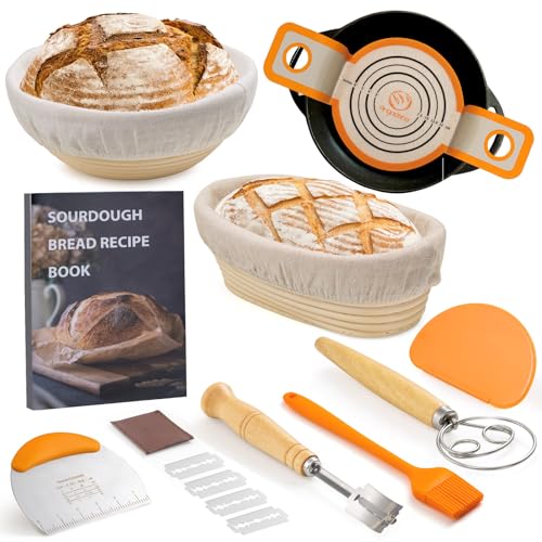 Sauerteig-Starter-Set, Hefebrot-Backzubehör, 22,9 cm rund und 25,4 cm oval, Banneton, Rattan, brotfeste Körbe, Backutensilien, Silikongriff