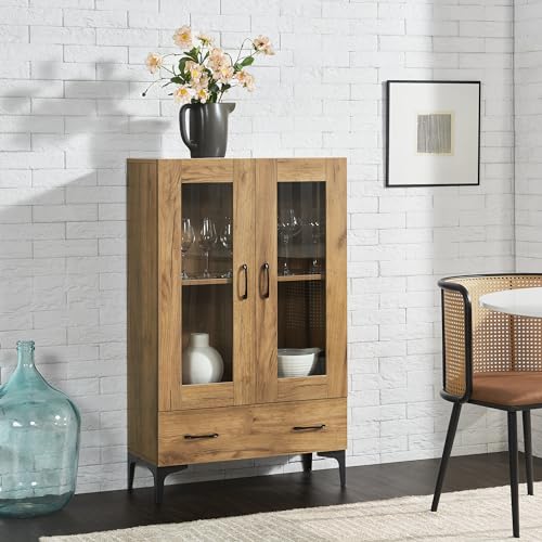 [en.casa] Vitrinenschrank Søndersø Bücherregal mit 2 Glastüren und Schublade Hochschrank aus Spanplatte Schrank für Wohn- und Esszimmer Büro 70x31x115cm Eiche