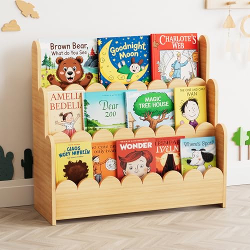 SpaceAid 3-stufiges Kinder Bücherregal mit geschwungenen Kanten, Montessori Bücherregal für Kleinkinder,Natur