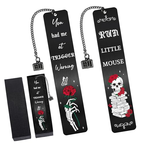 Dark Romance Metall-Lesezeichen Geschenke: 2 Stück Totenkopf-Rose Lesezeichen zum Lesen von Frauen Buchliebhabern, Neuheit Seitenmarkierungen Dark Romance Merch Bookish Supplies Halloween Weihnachten