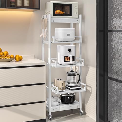 Küchenregal mit 5 Ebenen, weiß, Mikrowellen-Wagen mit ausziehbarem Metall-Bäckerregal für Esszimmer, Wohnzimmer und Arbeitszimmer, vielseitige und stilvolle Organisationslösung