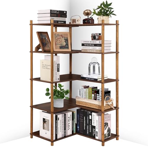YGYQZ Bücherregal 5 Etagen Eckregal, L-förmiges Regal rustikaler Stil Eckregal Stehend für Wohnzimmer Schlafzimmer Büro (Braun)