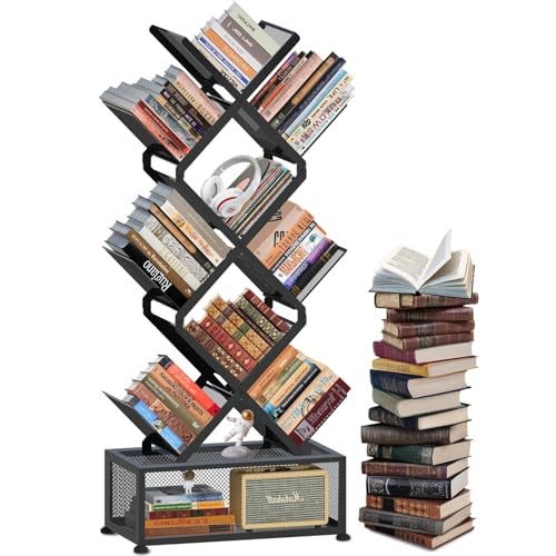 HI NINGER Bücherregal, 9-stöckiges Bücherregal Baumform, Faltbares Eck-Bookshelf mit Stauraum für Bücher, Zeitschriften und CDs – für Wohnzimmer, Zuhause und Büro (Schwarz, 9 Etagen)