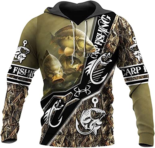 CIRVME 3D-Druck Karpfenangeln Herren Hoodie, Camouflage Fisch Große Tasche Reißverschluss Hoodie Lässiges Sweatshirt Langarm Übergroßer Pullover Tierpaar Jacke