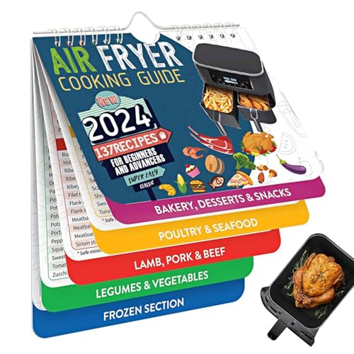Heißluftfritteusen-Magnetführer – Kochbuch zum Aufhängen, Kochzeiten-Diagramm, 21,6 x 18,3 cm, Temperaturreferenzwerkzeug, präziser Meeresfrüchte-Dessert-Servierrechner, Küchenwandzubehör, praktische