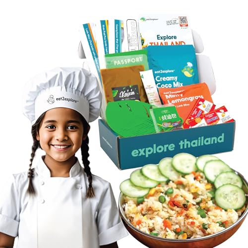 eat2explore Kochsets für Kinder – Interaktives & pädagogisches Set mit 3 Rezeptkarten, Hauptzutaten und Kochutensilien – ideale Idee für Kinder, die gerne Mahlzeiten kreieren (Thailand Edition)