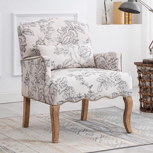chairus Leinen Einzelsofa Sessel Retro Bedruckt Armlehnstuhl Polsterstuhl für Wohnzimmer Moderner Longuesessel mit Holzbeinen (Beige)