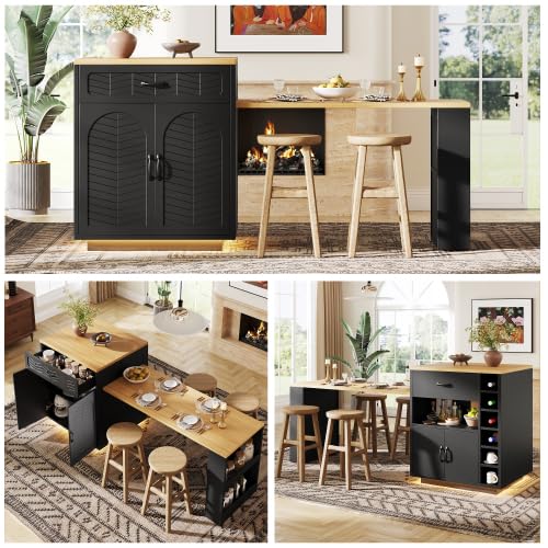 STAPERFO Kücheninsel mit LED-Beleuchtung, ausziehbarer Bartisch (60-113 cm) & Stauraum, feststehender Thekentisch mit Schubladen, Fächern und Weinregal für Küche, Esszimmer, Hausbar, Schwarz & Weiß