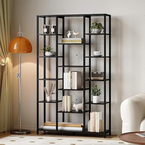 Hzuaneri Bücherregal, Standregal mit 6 Ebenen 15 Ablagen, Verstellbare offene Ablagen, für Wohnzimmer, Büro, Schlafzimmer, 30 x 100 x 170cm, Schwarz mit Holzmaserung, BC15004B