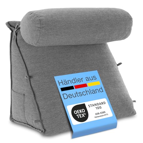 ELONEO Rückenkissen Bett/Sofa mit Abnehmbarer Nackenrolle und Seitentasche, Rückenstützkissen mit Nackenkissen, Bezug waschbar, Lesekissen, Bücherkissen, Rückenlehne