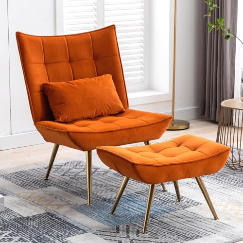 DAYALANE Loungesessel Sessel mit Hocker, Relaxsessel Ohrensessel Polsterstuhl mit Kopfkissen Goldenen Metallbeinen aus Samt, Fernsehsessel Lesesessel für Schlafzimmer Wohnzimmer, Orange