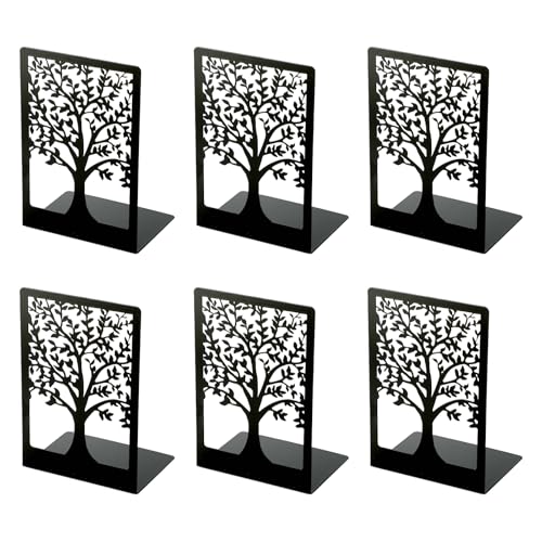 Atliberswo 6 Stück Buchstützen Metall - Buchstütze Schwarz mit Muster der Form des Lebensbaums, Bücherhalter für Büro Schule Zuhause Bibliothek (18x12x8cm)