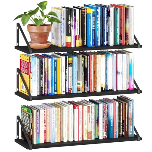 BAMEOS Schwebregale, 60cm x 20cm rostiger Holz-Wandregal-Set von 3, Regal für Wohnzimmer, Büro und Schlafzimmer, mit Metallklammern
