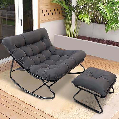 HavenGlide Schaukelstuhl Schaukelsessel Extra Groß - mit Kissen und Hocker | Outdoor Schwingsessel aus Metall | Bequemer Relaxstuhl bis 150 kg Belastbar für Wohnzimmer Terrasse Balkon Garten - Grau