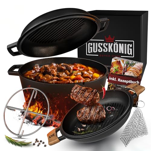 GUSSKÖNIG Dutch Oven - 2in1 Eingebrannter Gusseisen Topf 4,8L & Gusspfanne 1,8L - Dutch Oven Set mit Schmortopf Doppelfunktion - inkl. Kochbuch & Zubehör für BBQ, Camping & Küche - 30 Jahre Garantie