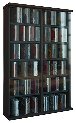 VCM CD Regal Holz | CD Schrank mit ESG-Sicherheitsglastüren für 300 CDs oder 130 DVDs oder 72-Videos| Maße: H. 92 x B. 60 x T. 18 cm | Elegantes DVD Regal | Blu ray Regal | CD Regal - Roma Schwarz