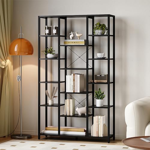 Hzuaneri Bücherregal, Standregal mit 6 Ebenen 15 Ablagen, Verstellbare offene Ablagen, für Wohnzimmer, Büro, Schlafzimmer, 30 x 100 x 170cm, Schwarz mit Holzmaserung, BC15004B