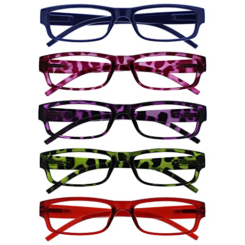The Reading Glasses Company OPULIZE ACE Lesebrille für Damen und Herren - 5er-Pack - Schmaler Rechteckiger Rahmen - Komfort Federscharniere - Kratzfest - Blau Rosa Lila Grün Schildpatt Rot +2.00